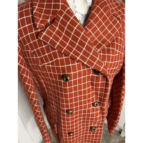 Vintage Wool Peacoat Orange White Checkered 60s 70s Union Made Size Medium - Picture 4 of 10